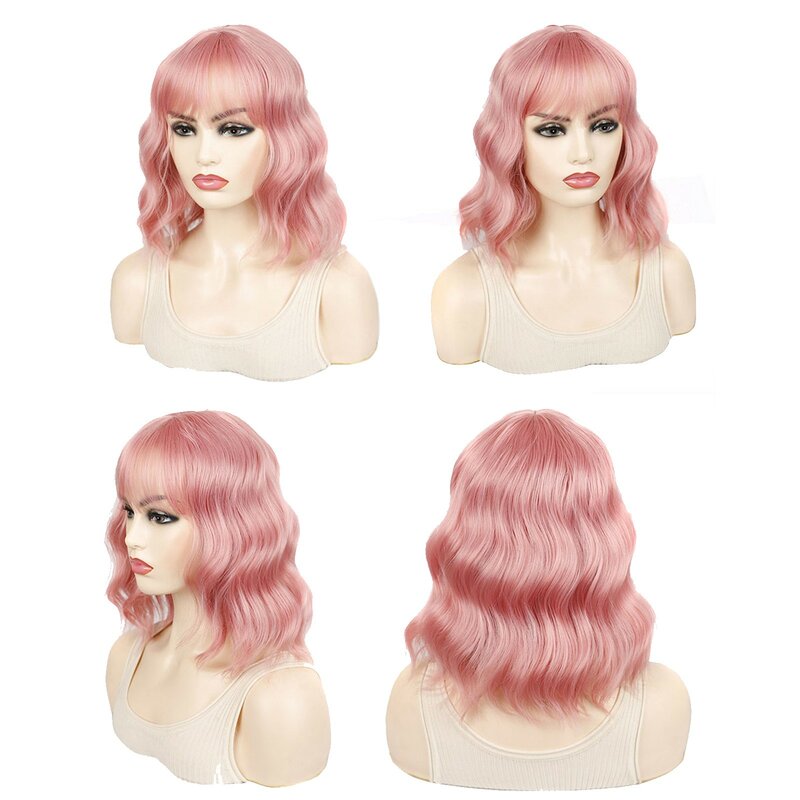 Peluca de cabello rizado rosa para mujer, pelo corto, moda, reducción de edad, cabeza de onda simulada, tocado de seda de alta temperatura