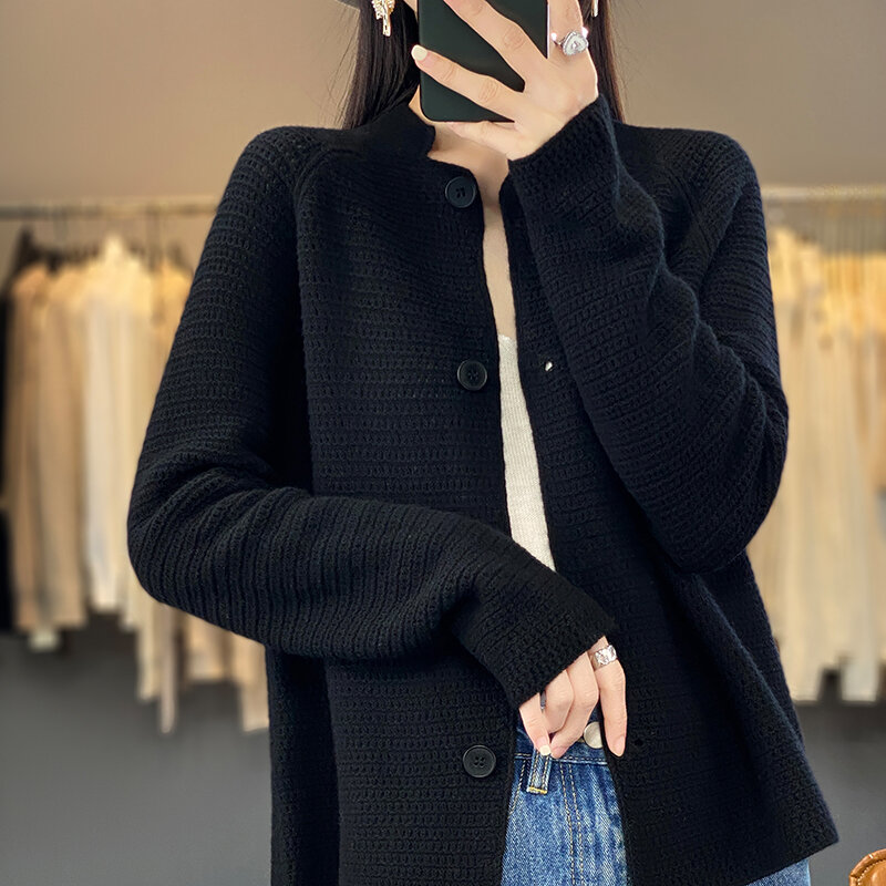Autunno/inverno nuove signore colletto alla coreana 100% lana cardigan hollow sottile maglione sciolto moda maglia top