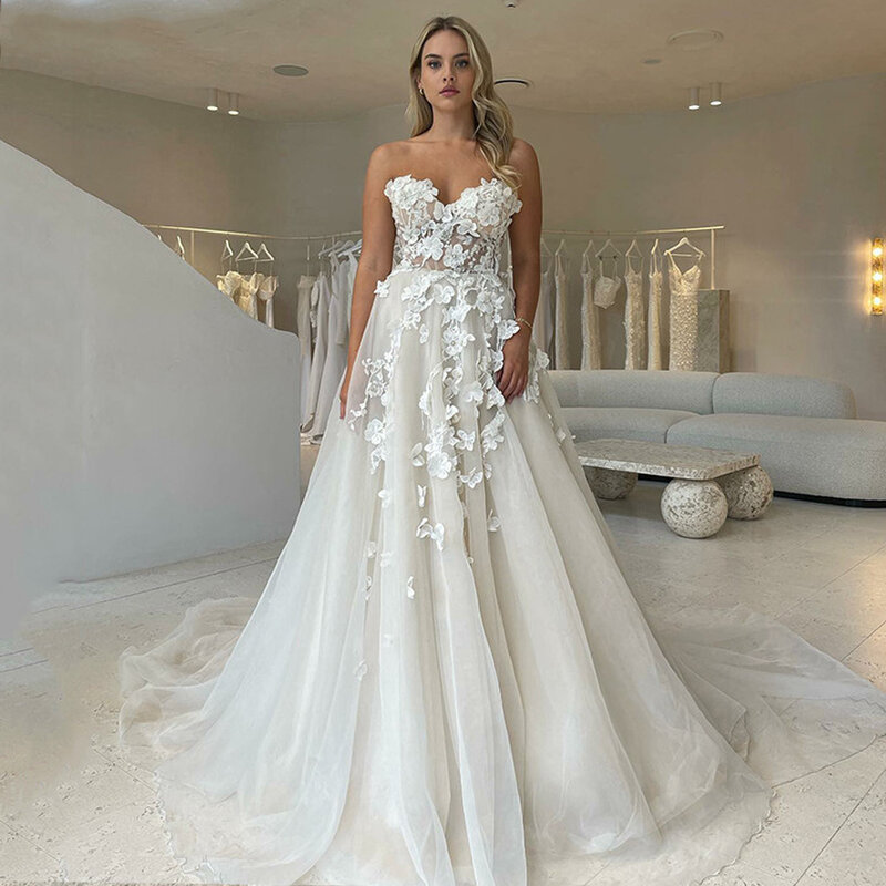 Robes de mariée à fleurs en dentelle 3D, robe de mariée à col en cœur, ligne A, plage, appliques personnalisées sur mesure, superbe robe de mariée