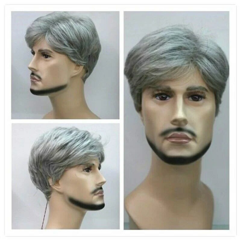 Mens Grey wig short hair wigs stylish handsome nature full wig wig cap