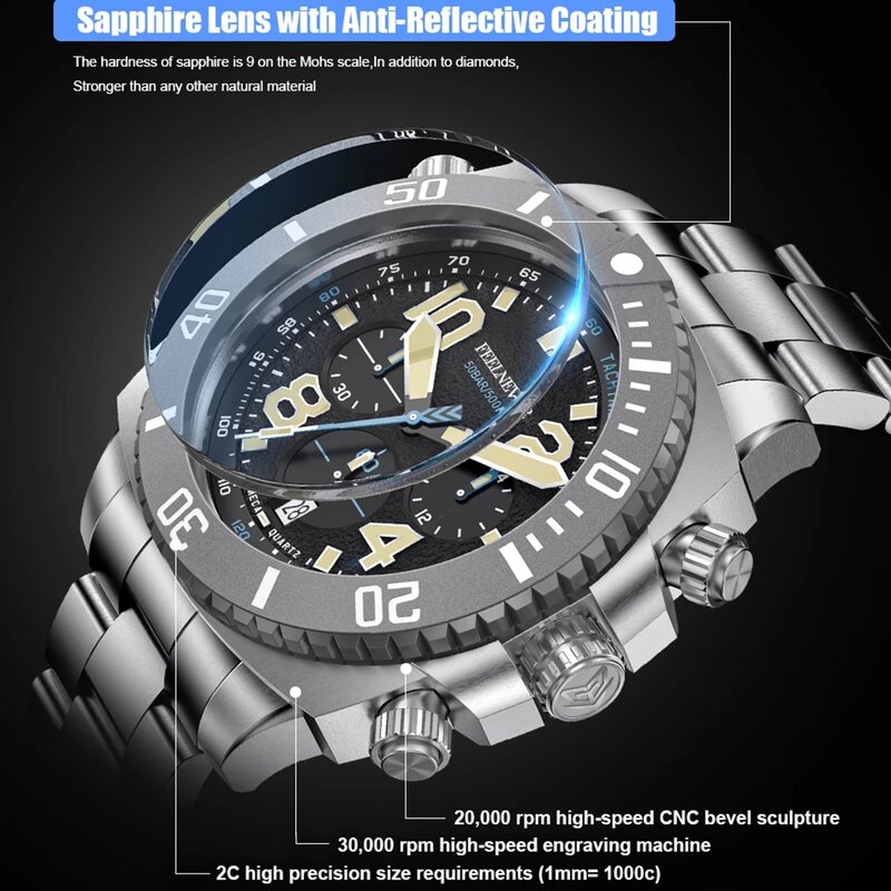FeelNever Dive Quartz Watch For Men 316L Stainless Steel Clock Sapphire Big Dial Mens Watches 500M Waterproof Watch Reloj Hombre