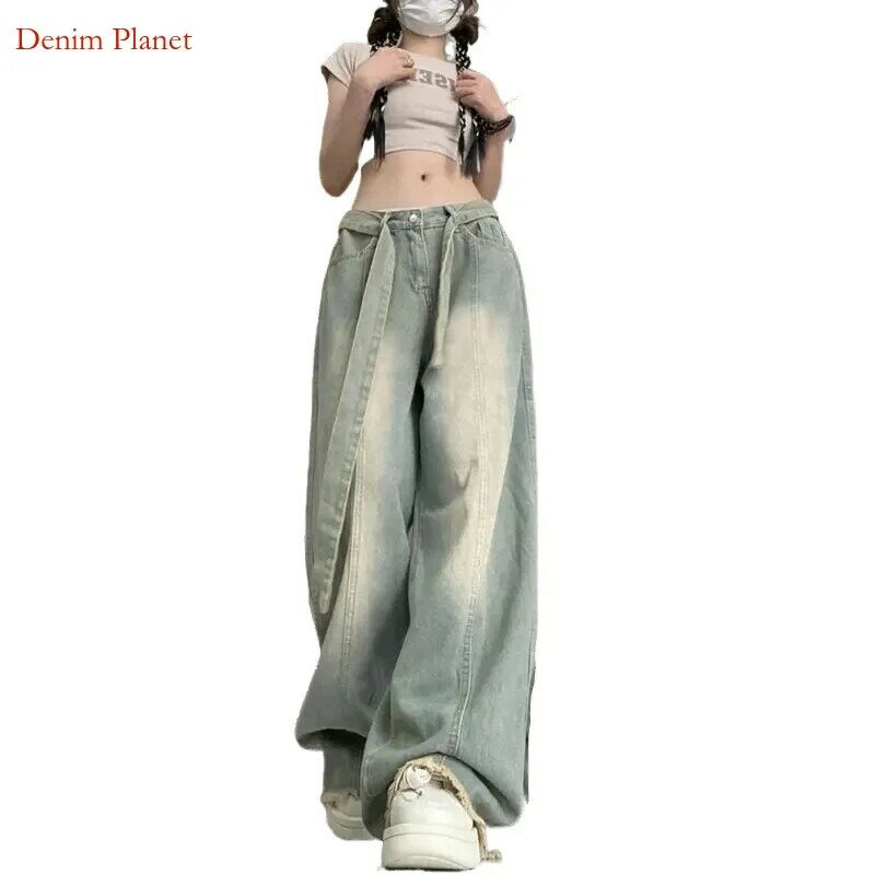 Denim Planet High Waisted Ruffled Pants for Women's Retro Wide Leg Drape, Loose and Slimming Floor Mop Pants