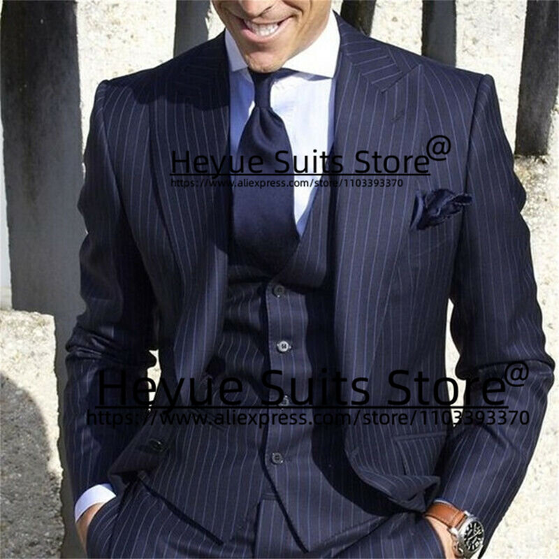 Business Navy Blue Striped Men Suits Slim Fit Wedding Groom Wide Peaked Lapel Tuxedos Party Prom 3 Pieces Sets Costume Homme