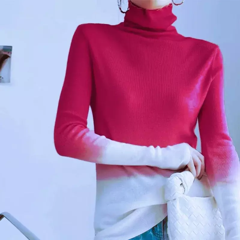 Sweter gantung celup wanita musim gugur dan musim dingin, Sweater modis warna Patchwork Turtleneck kasual rajut Slin Fit Pullover 29587