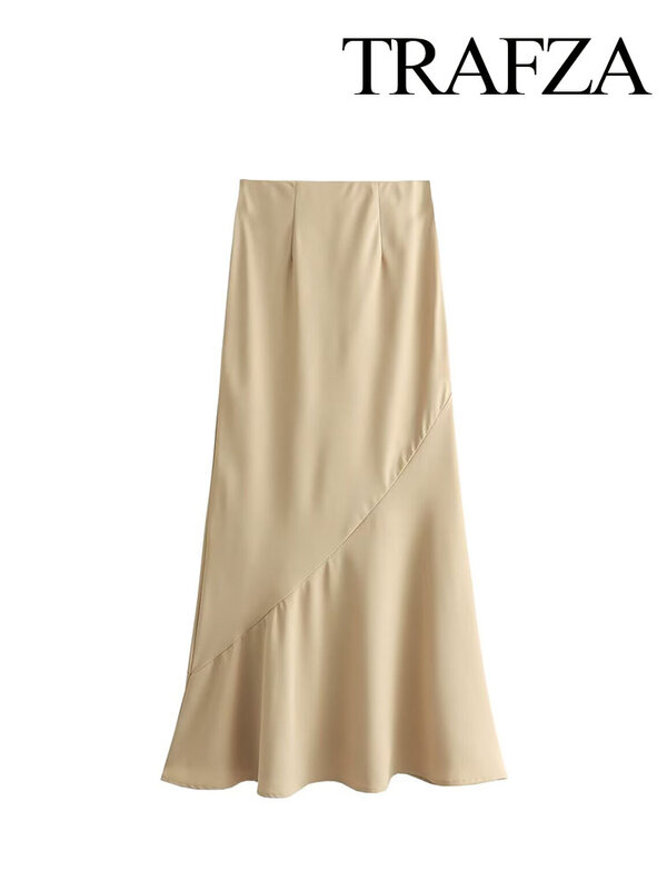 TRAFZA Women Fashion Long Skirts Khaki High Waist Asymmetrical A-Line Skirt Female Summer Elegant Slim Ankle-Length Skirts