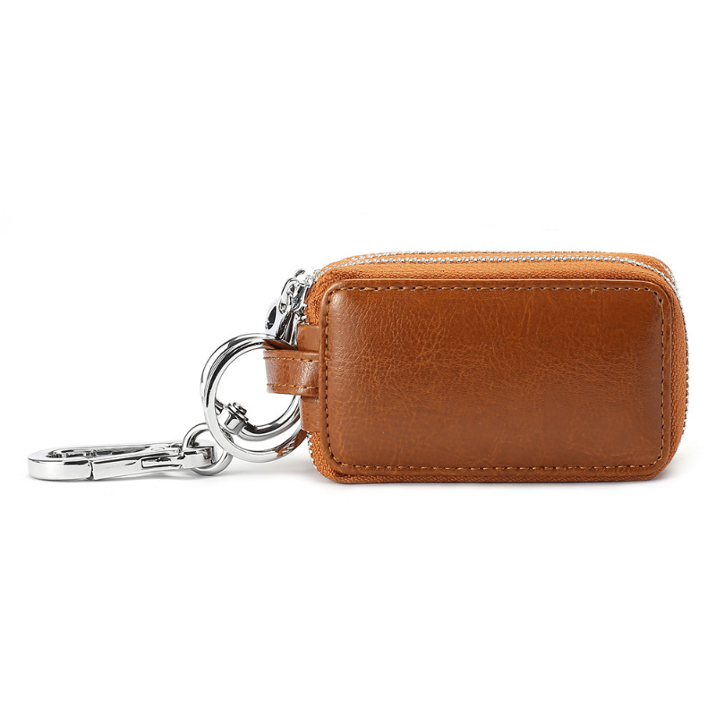 Genuine Cow Leather Home Car Keys' Bag Double Pocket Zipper Mini Wallet Earth Yellow Men Women's Key Holder Transparent Pocket