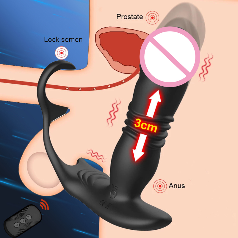 10 Mode 3IN1 Telescopic Anal Vibrator Prostate Massage Butt Plug Penis Stimulator Delay Ejaculation Ring