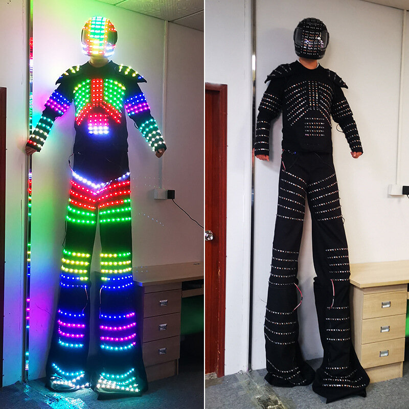 LED świecący kostium na szczudłach parada mężczyzn Robot Cosplay rozświetla odzież karnawałowy strój na ubrania imprezowe