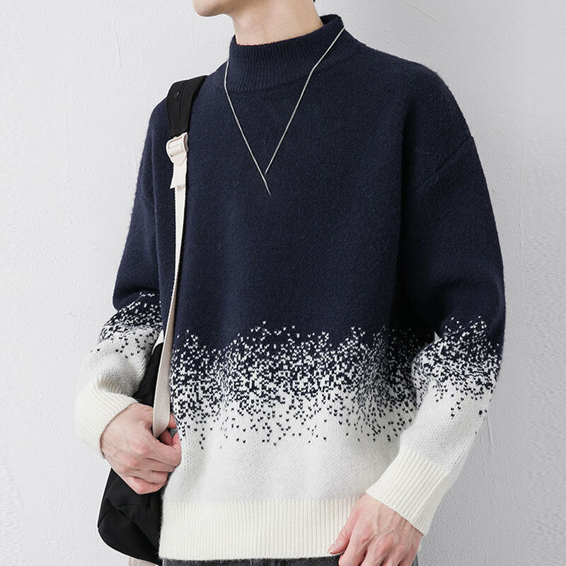 Suéter de malha vintage com gola alta meio masculino, cor de retalhos, gradientes, suéter bonito, pulôver grosso, masculino, inverno, 2023