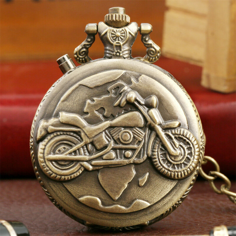 Brązowy/srebrny/złoty Steampunk Vintage lokomotywa/motocykl kwarcowy zegarek kieszonkowy na łańcuszku Fob z lampkami LED prezenty bożonarodzeniowe mężczyźni dzieci