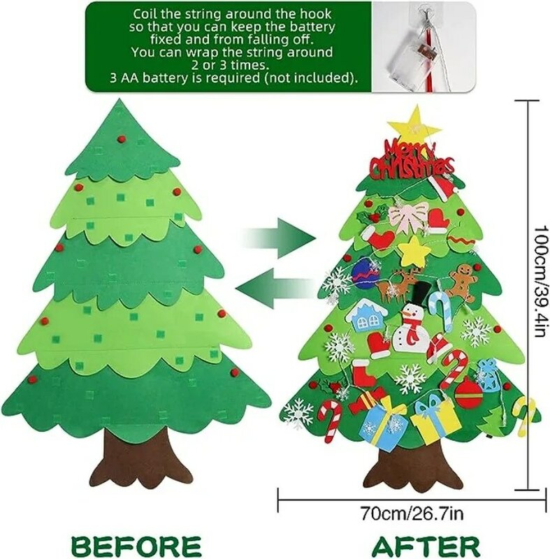 Feltro Christmas Tree Set para crianças, ornamentos DIY, luzes LED String, Home Door, parede, presentes de Natal, crianças, ano novo