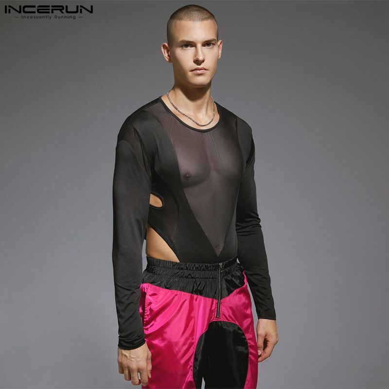 INCERUN Men Bodysuits Mesh Patchwork Transparent O-neck Long Sleeve Rompers Men Streetwear Sexy 2023 Hollow Out Fashion Bodysuit