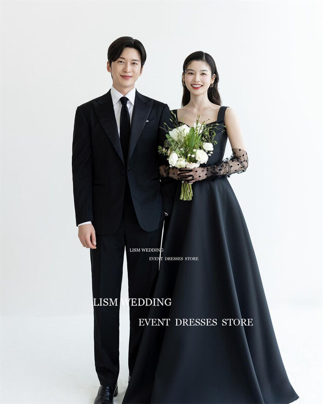 LISM czarne kochanie koreańskie suknie wieczorowe zdjęcie ślubne bez rękawów suknia wieczorowa drapowana satynowa sukienka na imprezę bez pleców