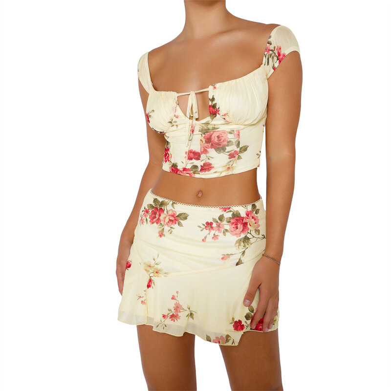 Damski 2 częściowy Mini komplety spódniczek Y2k wiązany krótkie koszulki z nadrukiem w kwiaty i obcisła spódnica w kształcie linii zestawy sukienek odzież klubowa