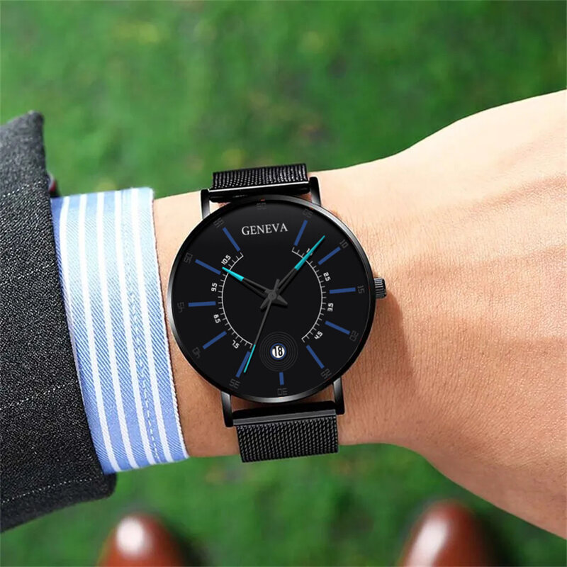 3 szt. Komplet moda męska Ultra cienka proste zegarki męska biznes na co dzień pasek na rękę naszyjnik siatka ze stali nierdzewnej pasek zegarek kwarcowy