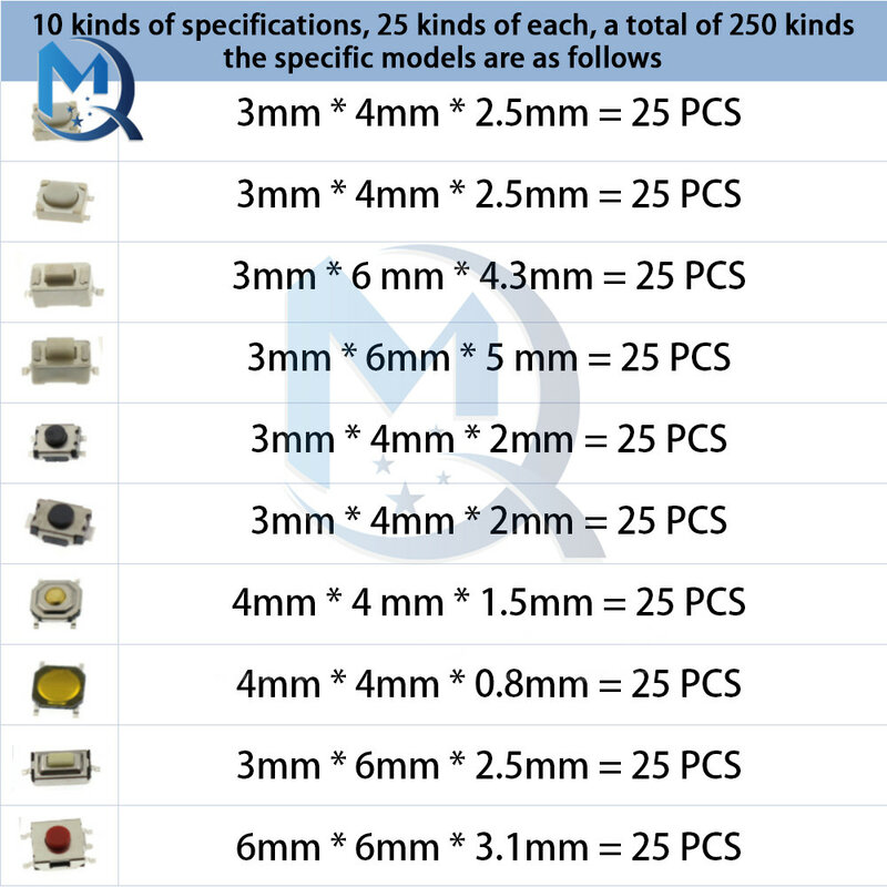 SMD Tátil Botão Kit Interruptor, Tablet Controle Remoto Do Carro, Micro Toque Chave Momentary, Conjunto De Sortimento, 10 Modelo, 250Pcs por Caixa