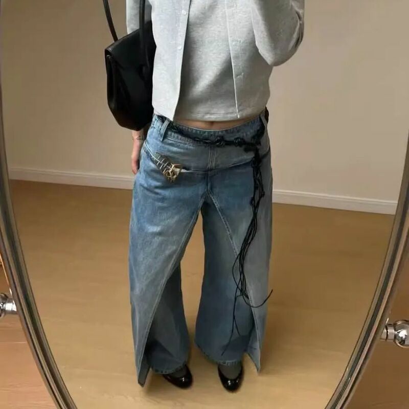 Jeans dekonstruksi baik depan dan belakang Retro wanita, celana Jin longgar pinggang tinggi Harajuku kaki lebar kaki lebar 2024