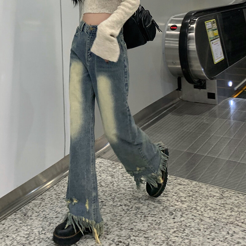 Women Vintage Y2K Emo Streetwear Fairy Grunge Baggy Jeans Denim Trousers Ripped Pants Alt Straight High Waist Harajuku Clothes