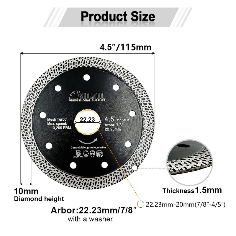 SHDIATOOL 5 pks diámetro 4,5 "/115mm diamante prensado en caliente sinterizado disco de corte de malla de Turbo hoja borde de hoja de sierra de la rueda