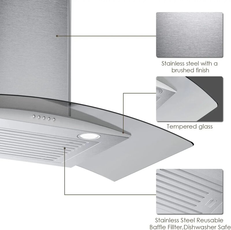 30 Inch Wall Mounted Curved Glass Range Hood, with 3 Speed Controls,Permanent Baffle Filters and 2 LED Lights