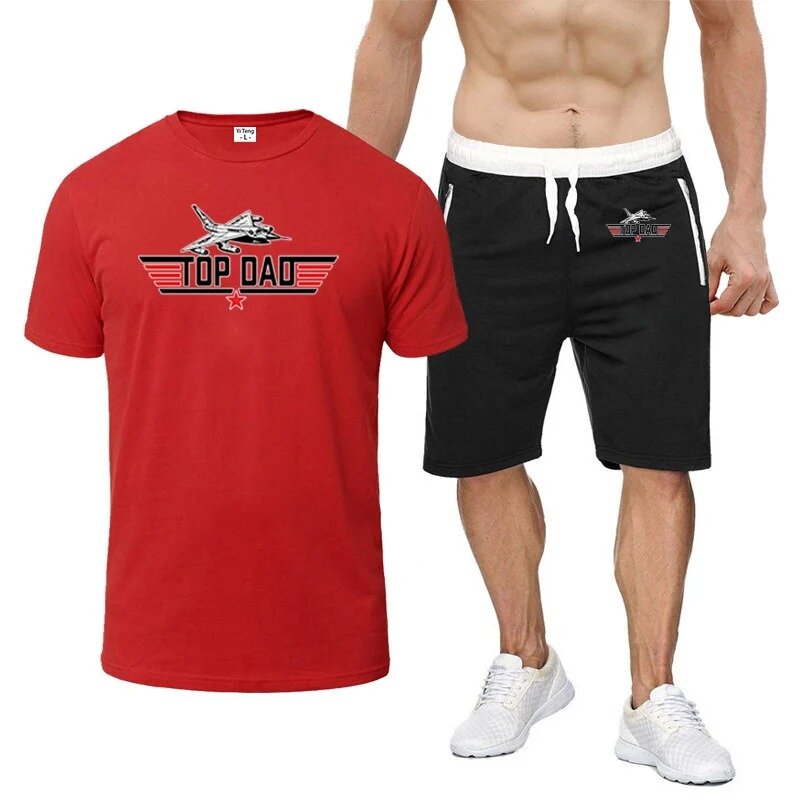 TOP DAD TOP GUN Movie Men Summer Comfortable Printing New Eight Color Short Sleeved Casual T-shirts + Shorts Two-piece Set