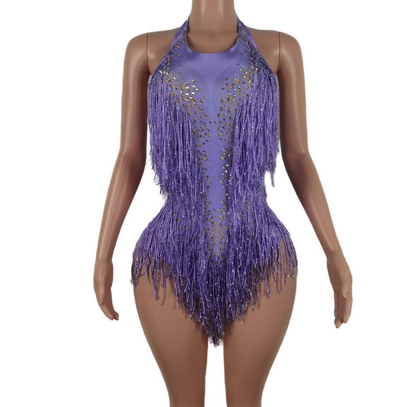 Neue Mode lila Quaste ein Stück Trikot von der Schulter Pole Dance Bodysuit Flash Diamant Latin Dance Performance Kleid Liusu