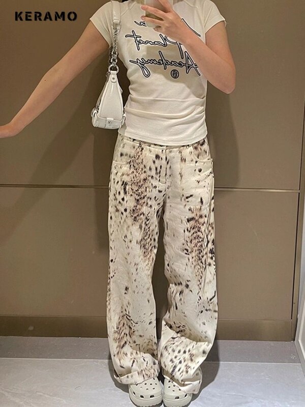 Jeans estilo casual Harajuku feminino, cintura alta, calça solta, perna larga, calça jeans folgada punk, estampa vintage, verão, Y2K, 2022
