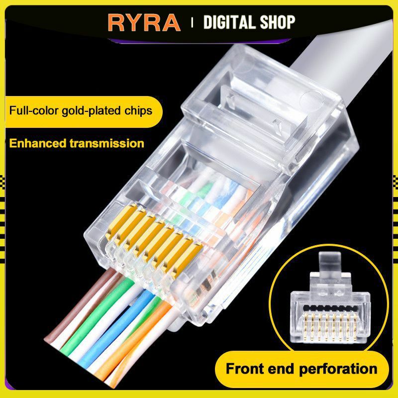 RYRA 100 Buah CAT5 CAT5E RJ45 Konektor Melewati Jaringan Steker Modular UTP 3/50 Μujung Crimp 8P8C Berlapis Emas untuk Kabel Ethernet