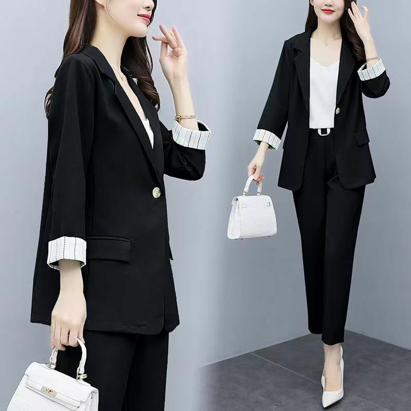 용수철 여름 여성 작업복 세트, 한국 오피스 레이디 블레이저 슬링 팬츠, 얇은 재킷 바지, 3 피스 수트 패션