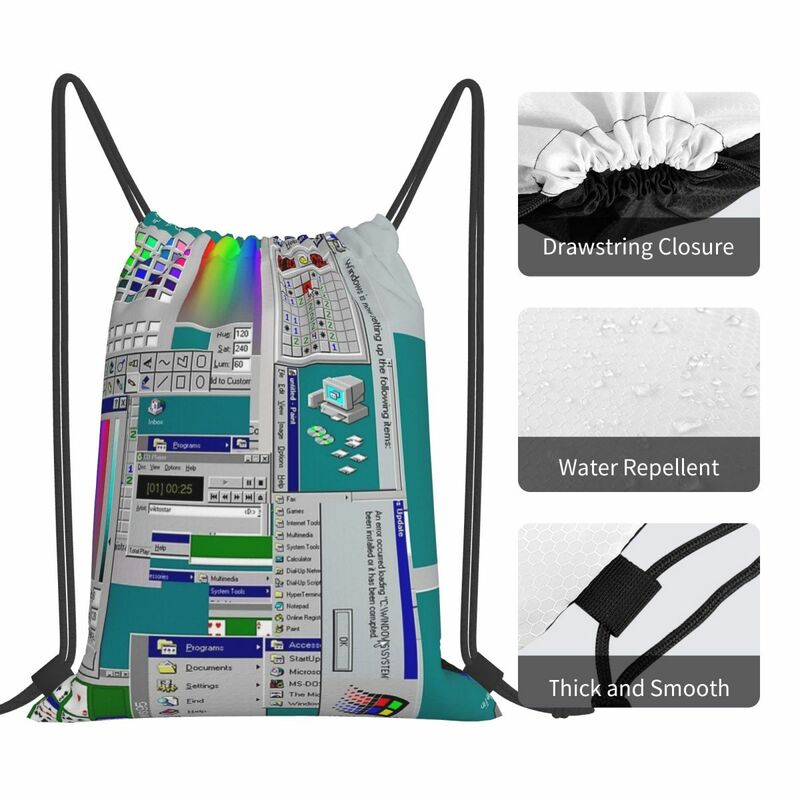 Mochilas de Collage de Windows 95, bolsas portátiles con cordón, bolsa de almacenamiento de bolsillo, bolsas de libros para estudiantes de viaje