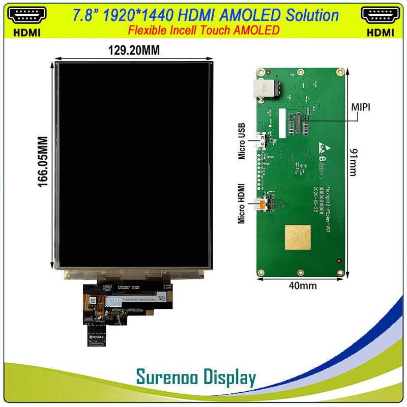 Incell-pantalla OLED Flexible, 7,8 pulgadas, 1920x1440, Compatible con HDMI, Panel táctil capacitivo, pantalla de módulo LCD enrollable AMOLED