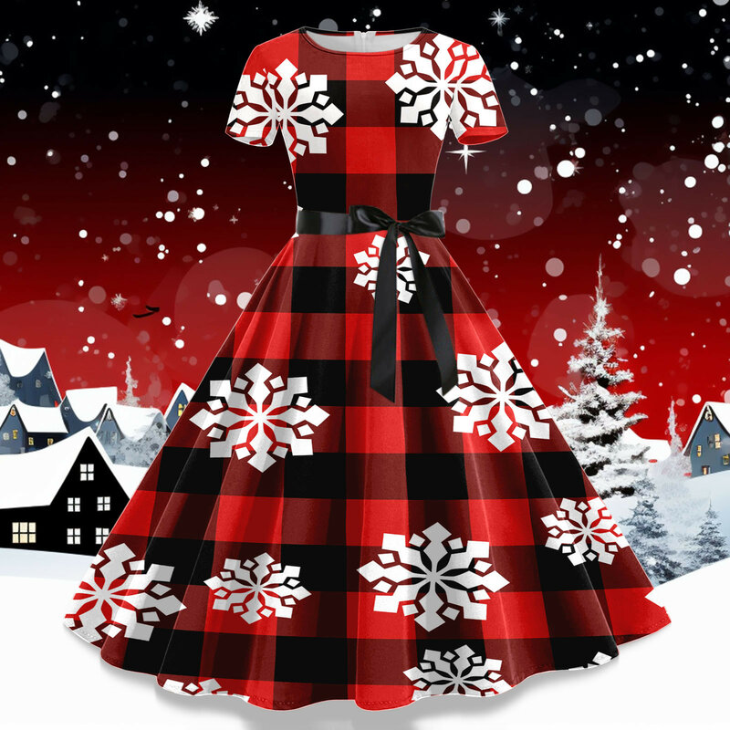 Robe de soirée maxi à manches courtes pour femmes, imprimé de Noël, tunique décontractée, chemise de Rh, robes d'été, années 1950, 007