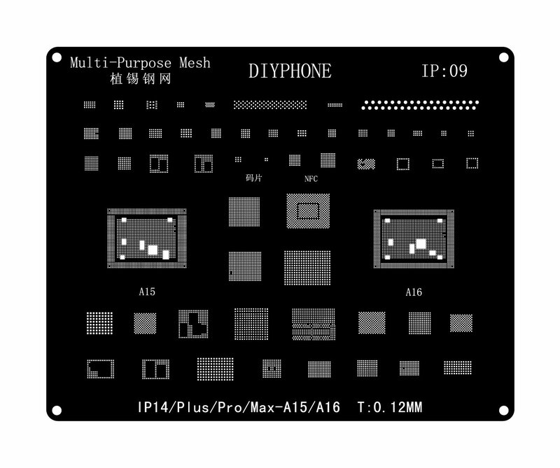 DIYPHONE-BGA Modelo de Estêncil Reballing para iPhone 15, 14, 13, 12, 11 Pro Max, XS, XR, X, 8, 7, 6, aço preto, estanho plantio, rede de solda