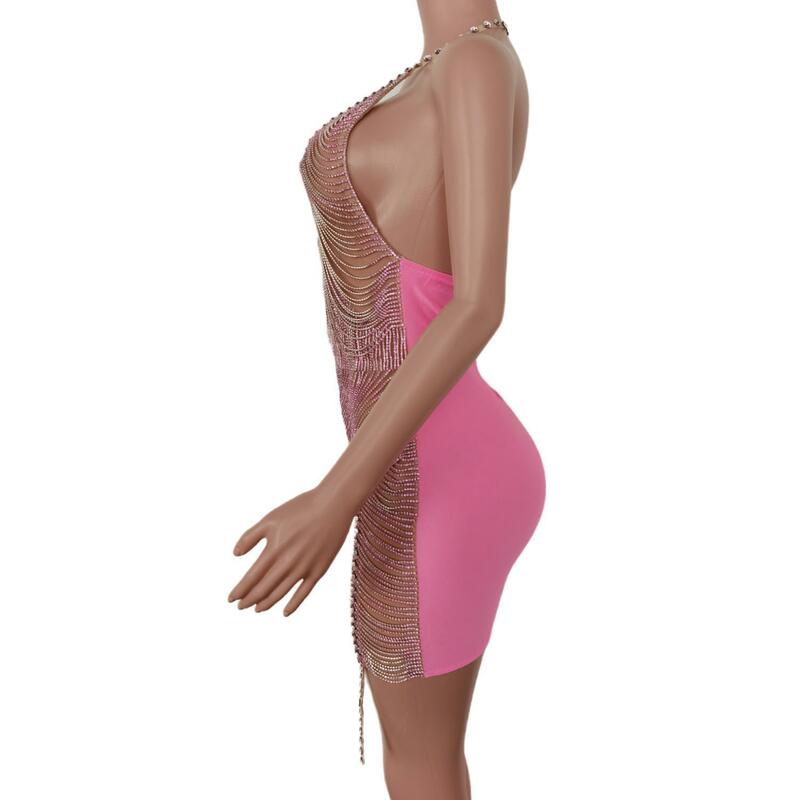 Vestido feminino sexy com decote em v rosa com diamantes, mini vestidos de festa para mulheres, roupas de verão, trajes de bar, novidades, 2023