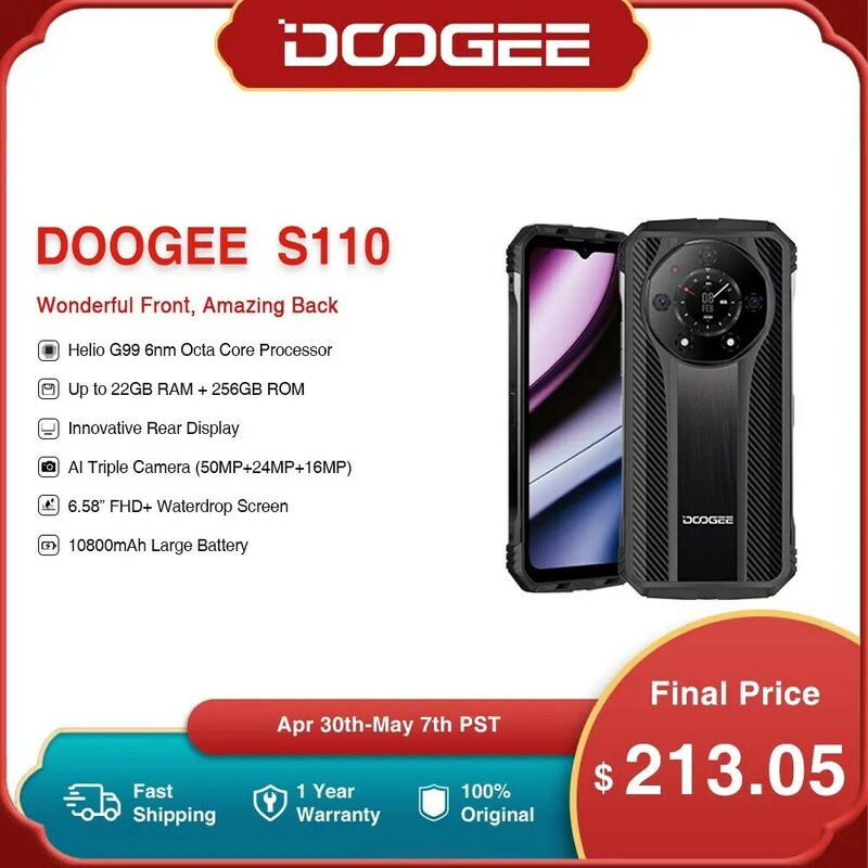 DOOGEE S110 Rugged 12GB+256GB Rear Display 6.58” FHD Waterdrop Screen Helio G99 Octa Core 66W Fast Charging 10800mAh Battery