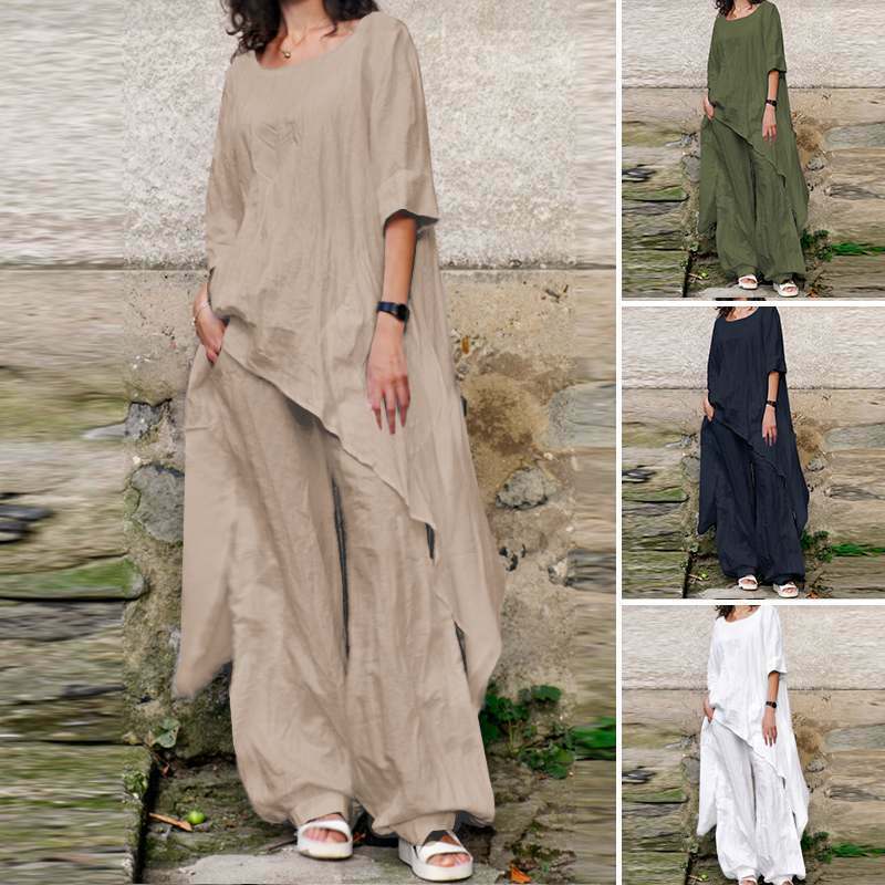 Casual Cotton And Linen Two Piece Set Women Spring Summer New Pant Sets Solid Color Irregular Long T Shirt Wide Leg Pants Suits