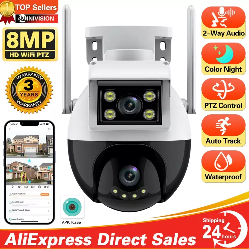 ICsee-Câmera de Vigilância Rastreamento AI, 4K, 8MP, Vídeo UHD, WiFi, Áudio Bidirecional, Colorido, Exterior, Segurança CCTV Smart Home, PTZ