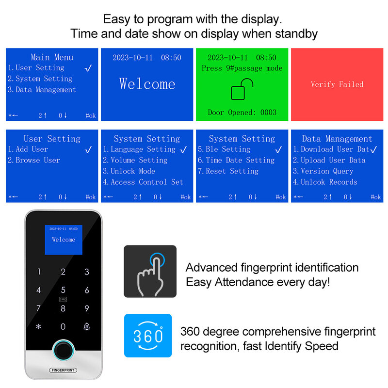 블루투스 투야 앱 스마트 지문 RFID 접근 제어 키패드, 터치 IP65 방수, 13.56MHz 문짝 오프너, 키리스 잠금 시스템