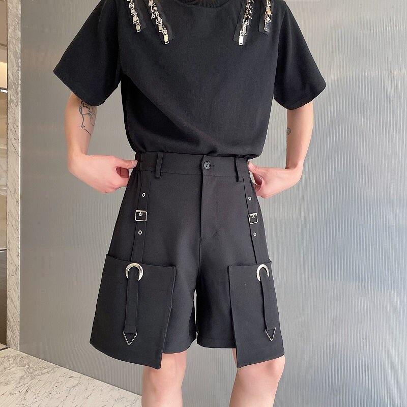NOYMEI High Waisted Cargo Shorts Men's Summer 2024 New Slim Casual Pants Metal Decoration Male Black Fashion Trendy WA4296