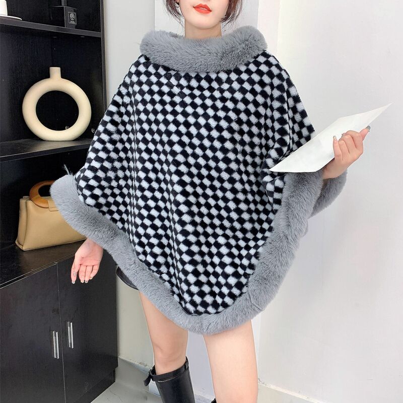 Manto xadrez de diamante feminino, pele de cordeiro falso, xale tricotado, streetwear triangular, capa grossa de poncho solto, xale de inverno, 4 cores