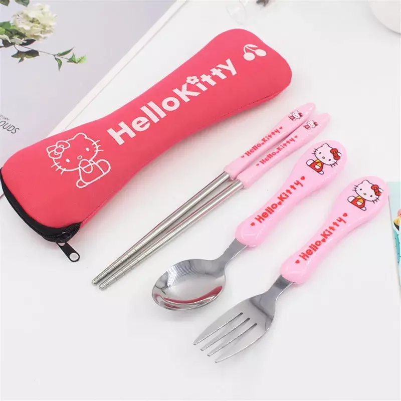 Sanrio Cartoon Anime Tableware Hello Kitty Kawaii Children's Tableware Metal Spoon Fork Chopsticks Set Portable Tableware Gift