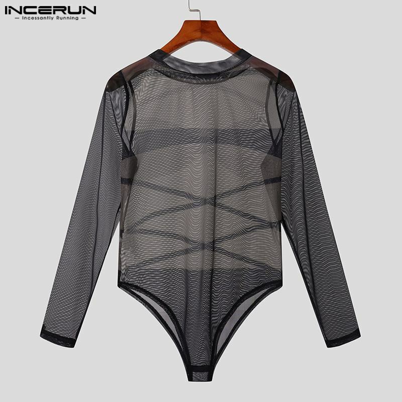 INCERUN 2024 American Style Men Thin Homewear Cross Print See-through Mesh Jumpsuits Casual Hot Sale Sexy Long Sleeved Bodysuits