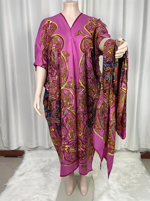 2024Saudi Arabia's New Loose  Printed Silk Maxi Dress Summer Beach Bohemian Robe Africa Kaftan Kimono Swim Suit Batwing Sleeve