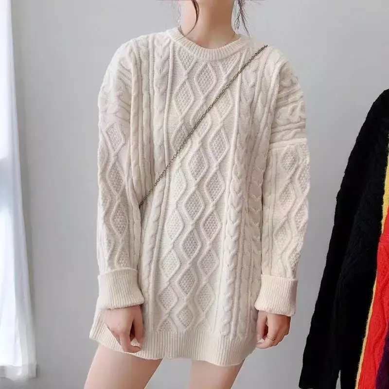 Y2k-女性用ニットセーター,ゆったりとした長さ,ツイストニット,冬と秋,コレクション2021