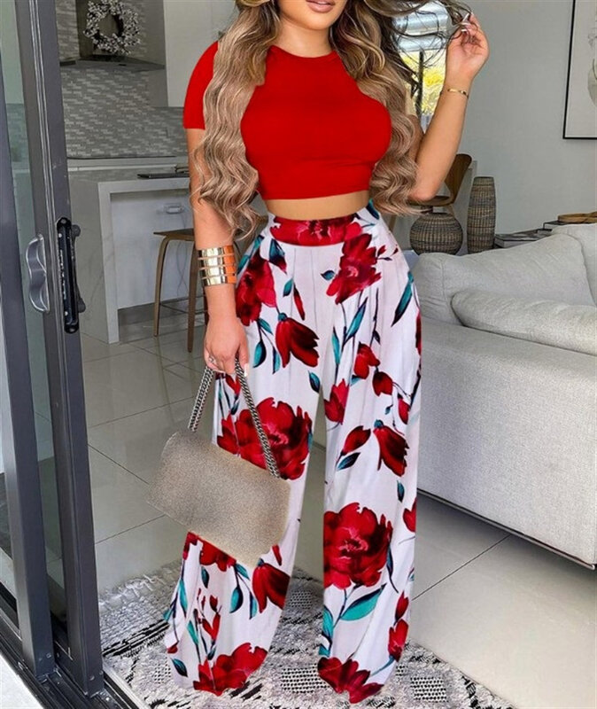 New Summer Print Set Woman Vintage Printed Short Sleeve T-shirt and Loose Wide Leg Pants Set Two Piece Set Female Casual Outfit