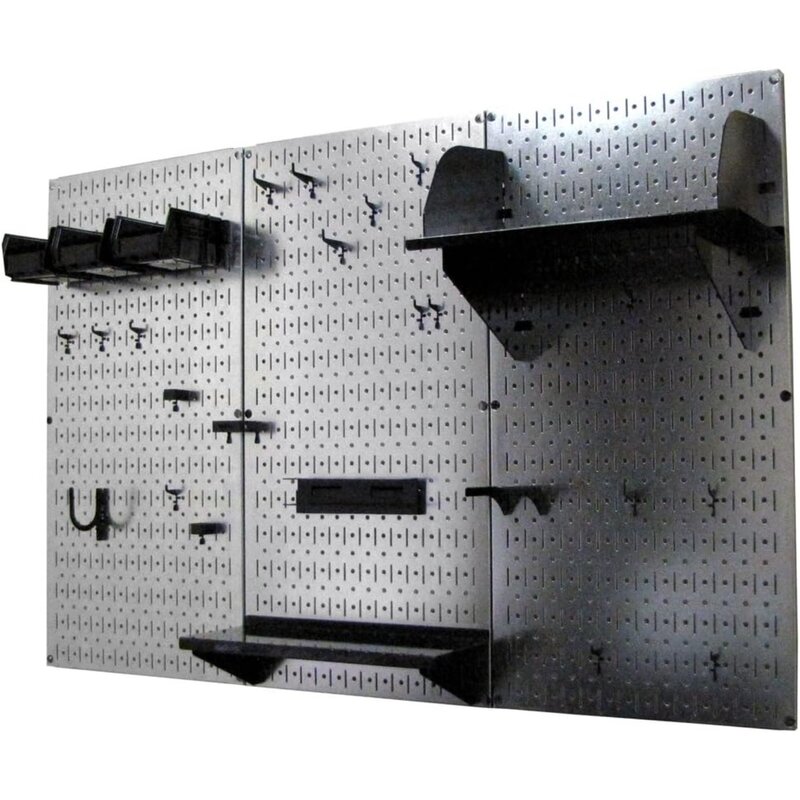 Pengatur papan Pegboard kontrol dinding 4 kaki. Papan pasak logam Kit penyimpanan alat standar dengan papan peralatan galvanis dan aksesori hitam