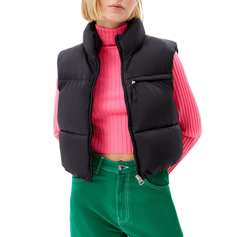 Vrouwen Mode Cropped Puffer Vest Effen Kleur Warme Lichtgewicht Mouwloze Rits Donsjassen Jas Voor Winter Outwear Streetwear