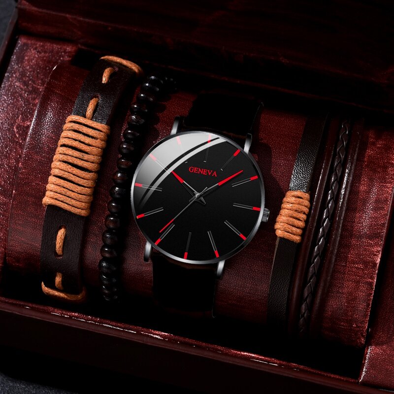 Kegllect New Men Casual Watch Set Men Leather Strap Quartz Watches Gift