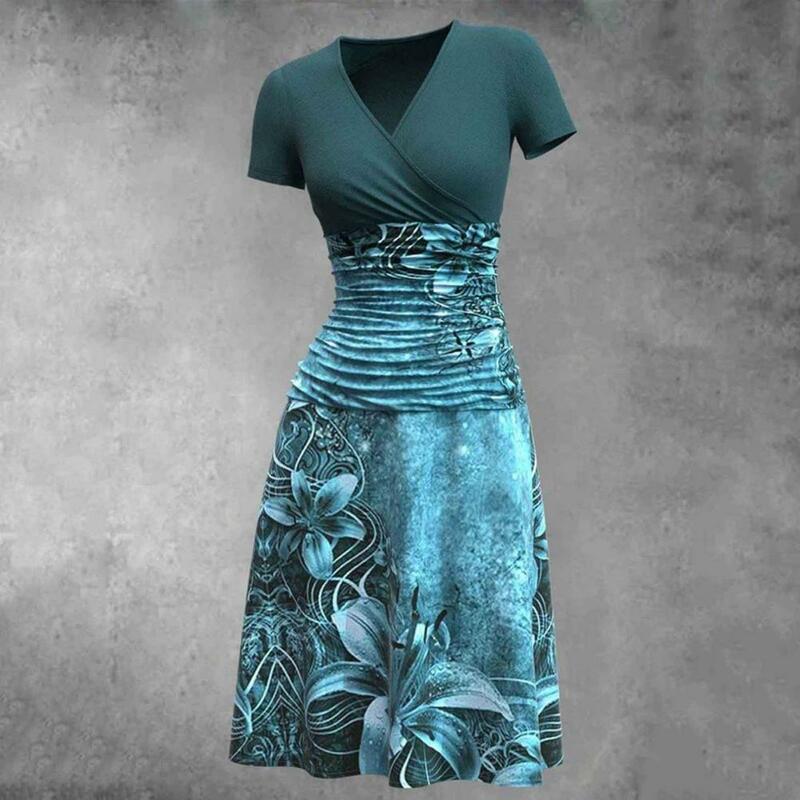 Robe mi-longue vintage à imprimé floral pour femme, col rond, manches courtes, ligne A, taille plissée, 3D