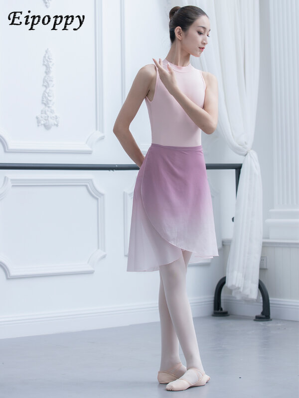Gaun dansa balet gradien, satu potong gaun rok kain kasa leotard dengan dasi sendiri